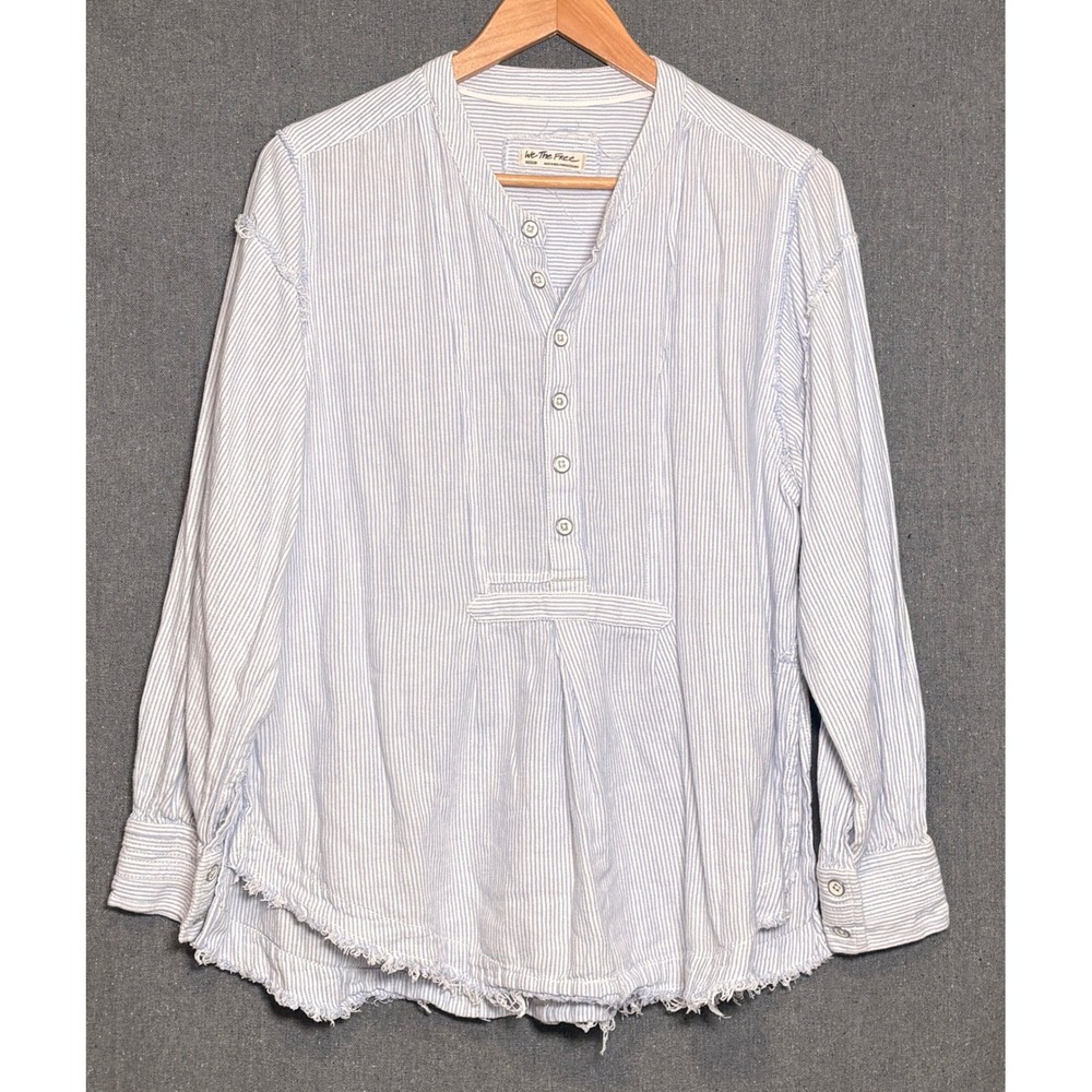We The Free Free People Blue White Striped Cotton Raw Hem Henley Top Medium
